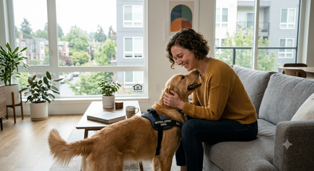 A person petting an emotional support dog, with a landlord agreement document in the background, illustrating housing rights for assistance animals.