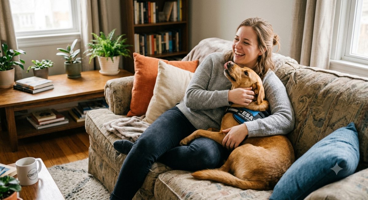 A person happily interacting with their emotional support dog on a couch, illustrating the comfort and support an ESA provides.