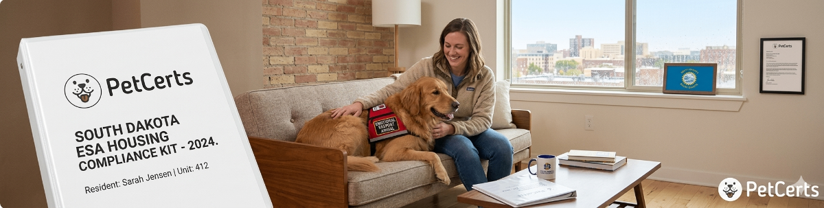 A person happily petting an emotional support dog in a modern apartment living room, illustrating comfort and compliance with housing rules in South Dakota.