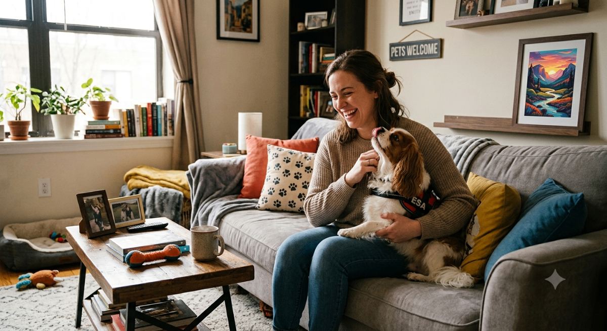 A person happily petting their emotional support dog in a cozy, pet-friendly apartment living room, illustrating successful navigation of no-pet rental rules with an ESA letter.