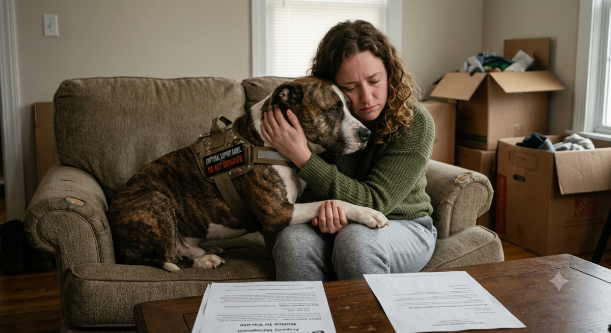 A person petting a large dog, representing an emotional support animal, in a home setting, illustrating the challenge of breed restrictions.