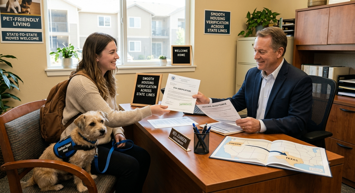 A person with an emotional support animal presenting an ESA letter to a landlord, symbolizing smooth housing verification across state lines.