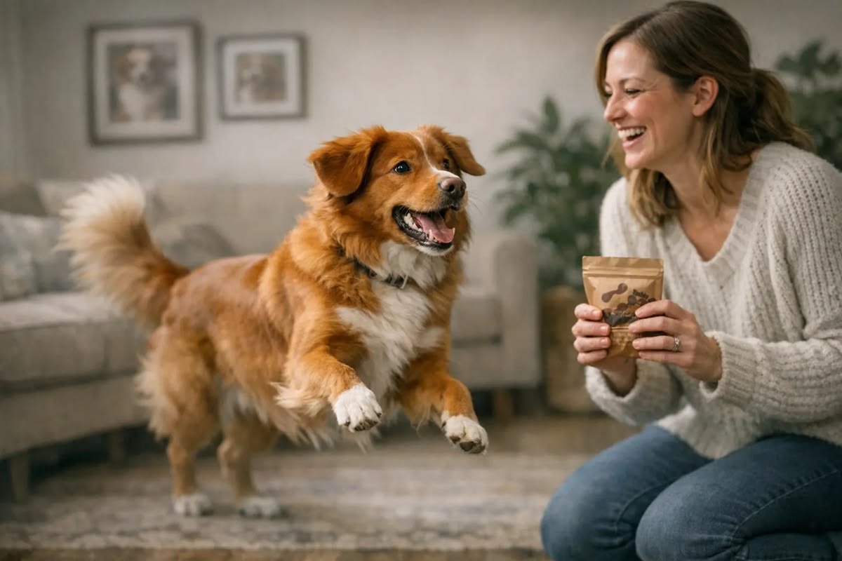 A person happily petting their emotional support dog inside an apartment, symbolizing comfortable living with an ESA.