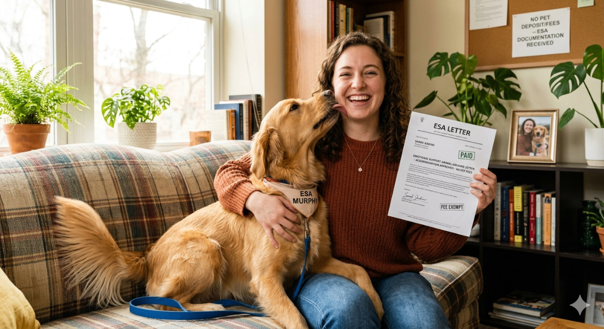 A happy tenant with their emotional support animal, signifying financial relief from pet fees with an ESA letter.