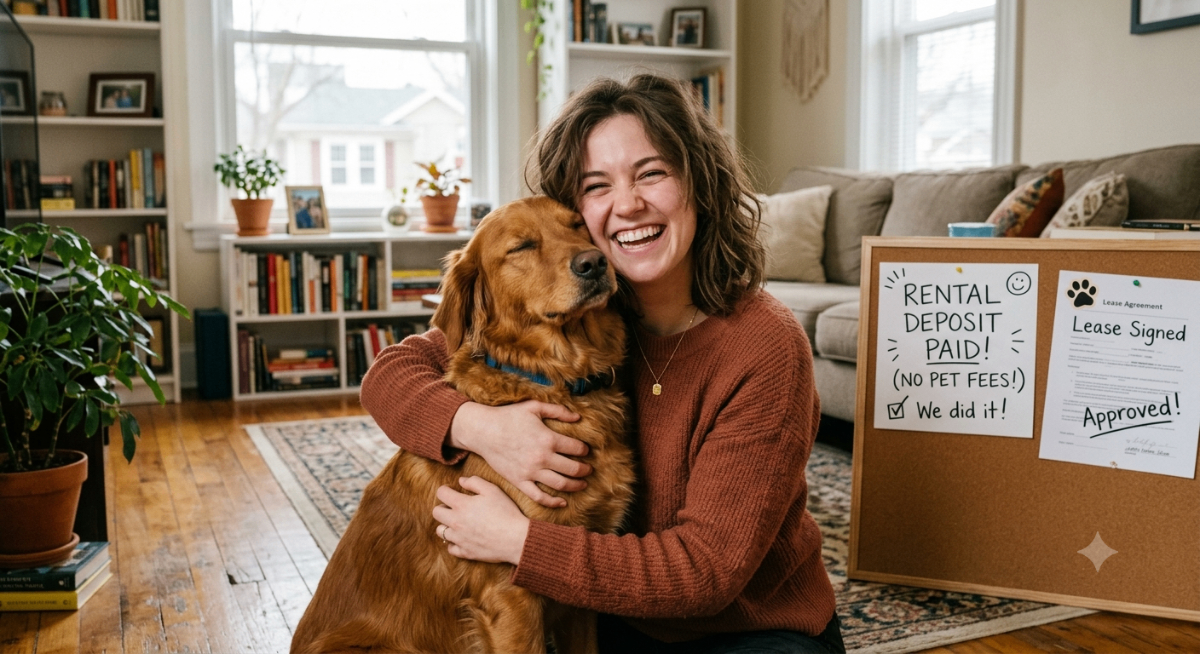 A happy person hugging their dog, symbolizing the relief of bypassing rental pet fees with an ESA letter.