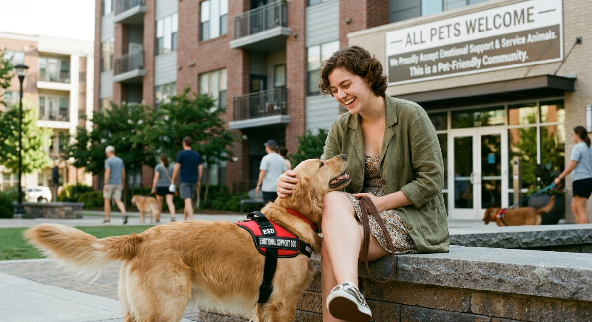 A happy person petting an emotional support dog, symbolizing the freedom to live with pets despite no-pet policies.