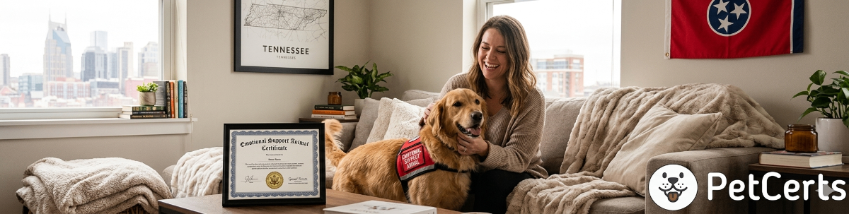 A happy person petting an emotional support dog in a Tennessee apartment, symbolizing housing rights and comfort.