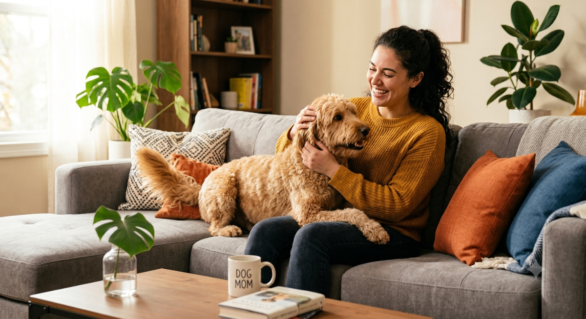 A person happily petting their emotional support dog on a couch, illustrating the comfort of living with an ESA without extra fees.