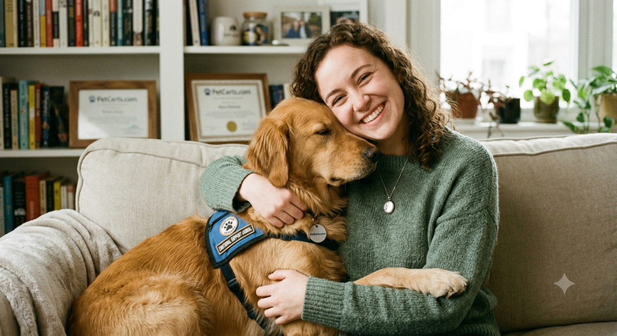A happy person hugging their emotional support dog, symbolizing comfort and affordable protection through PetCerts.com