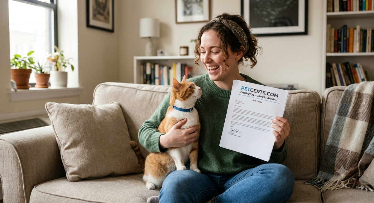 Happy renter with an emotional support animal sitting on a couch, holding a PetCerts.com ESA letter.