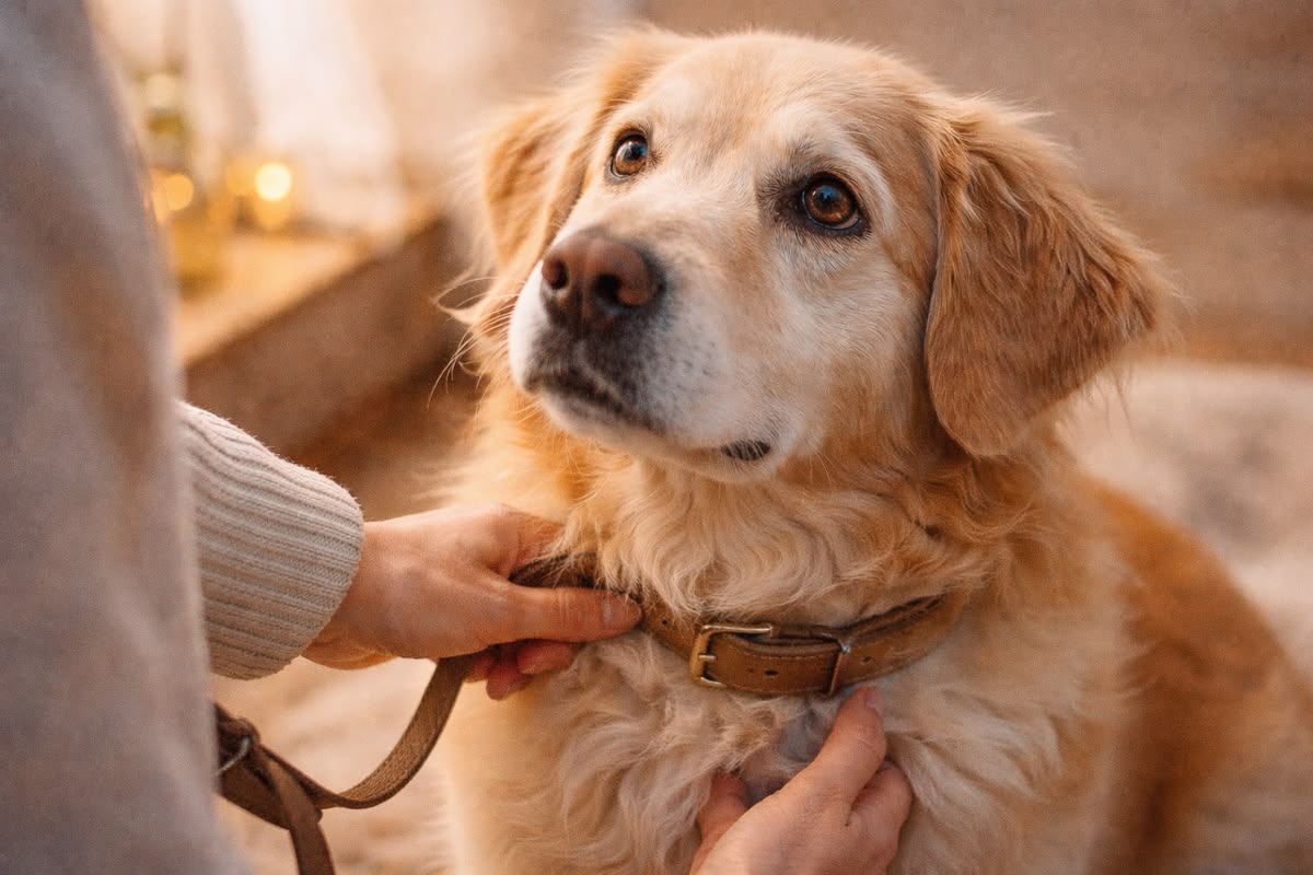 Person handing an official document, representing an ESA letter, to a landlord with a friendly dog nearby