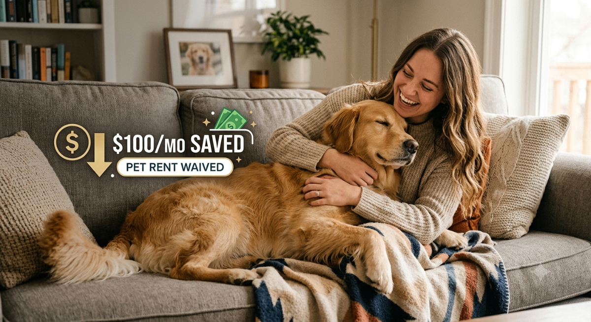 A happy person petting their emotional support animal, symbolizing waived pet rent and secure housing with a PetCerts.com ESA letter.