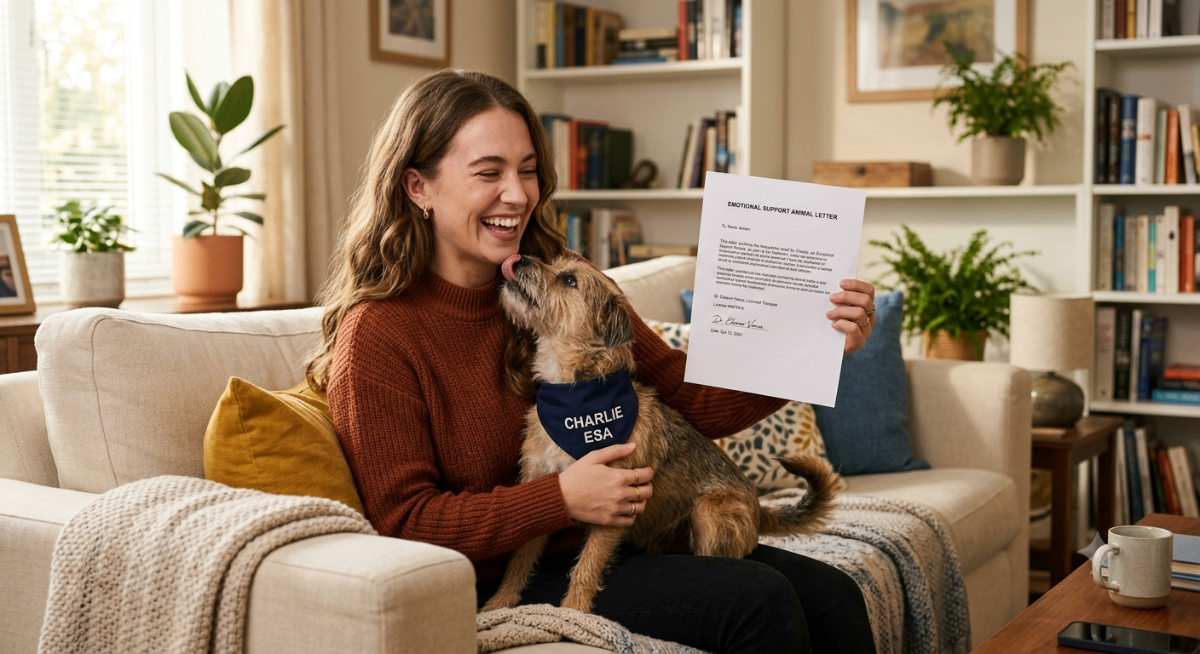 Woman happily sitting on couch with her emotional support dog, holding a legitimate ESA letter.