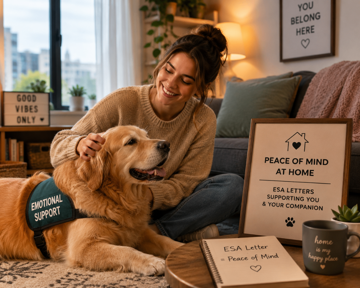 A happy person petting an emotional support dog in a cozy apartment, symbolizing peace of mind for renters with ESA letters.