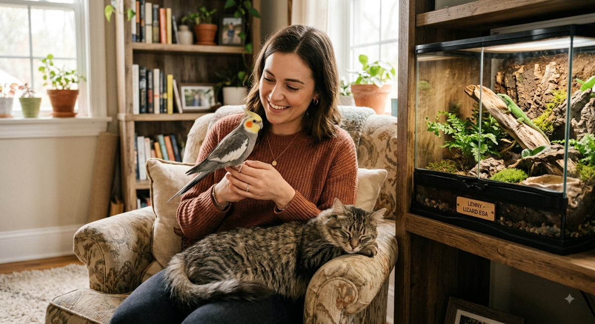 A person gently holding a bird, a cat resting nearby, and a small lizard in a terrarium, illustrating diverse emotional support animals.