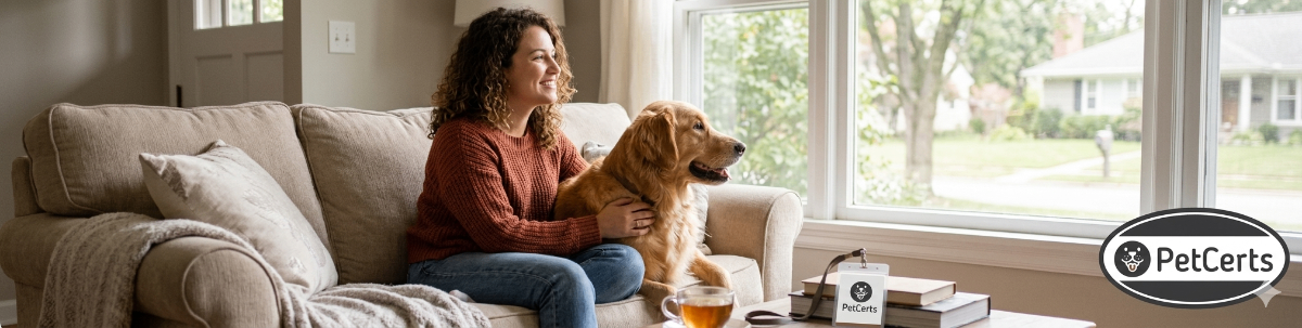 A person happily sitting on a couch with their emotional support dog, looking out a window.