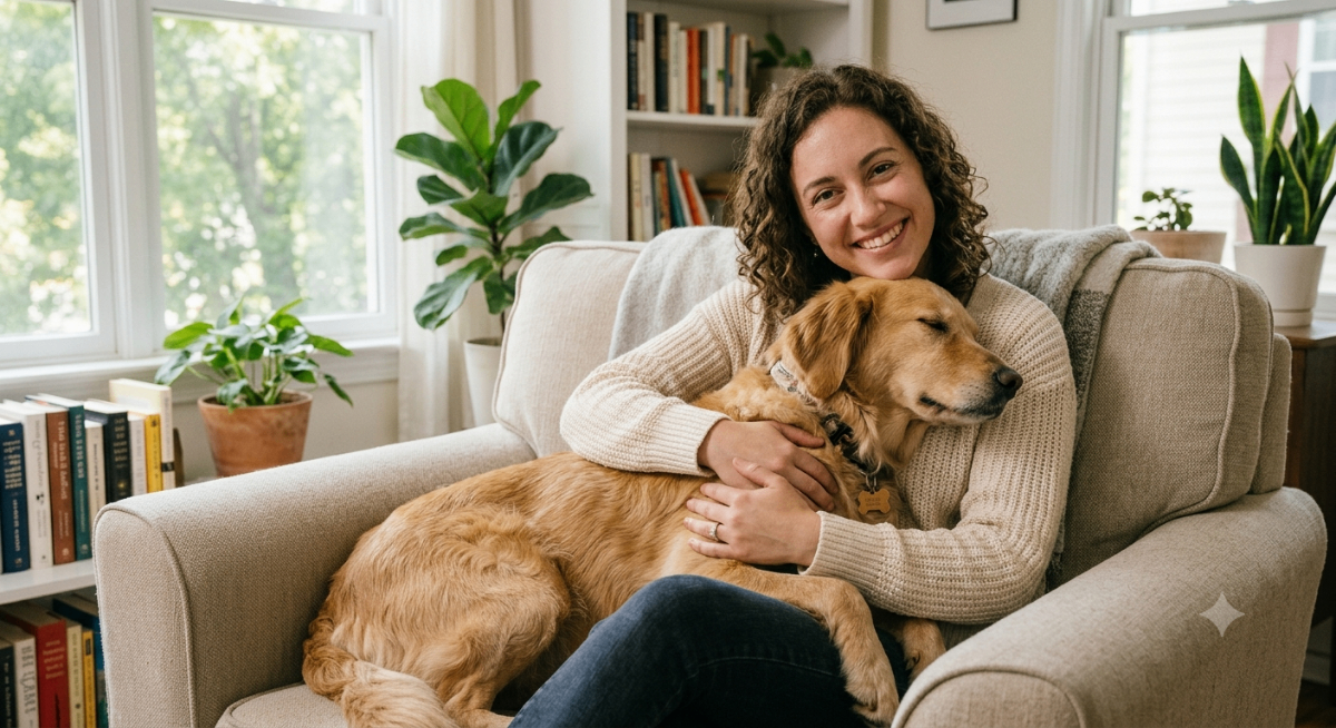 A happy person cuddling a dog with a laptop open, symbolizing quick and easy ESA letter acquisition for an emotional support animal.